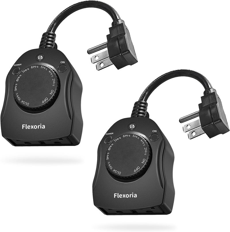 Flexoria Outdoor Timer Outlet Waterproof, Dusk to Dawn Light Sensor Timer, 2 Grounded Electrical Outlets for Christmas Lights, 15A/1875W, ETL Listed (2 Packs) - Image 1